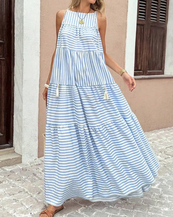 Striped Halter Tiered Dress