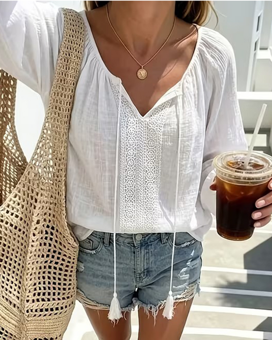 Lace-Up Solid Color Blouse