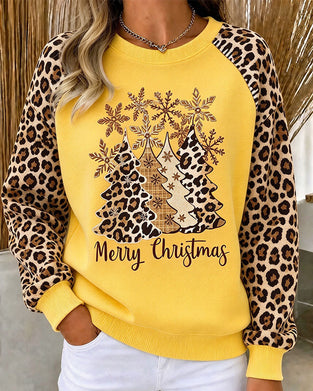 Crew Neck Leopard Print Christmas Tree Color-Block Sweatshirt