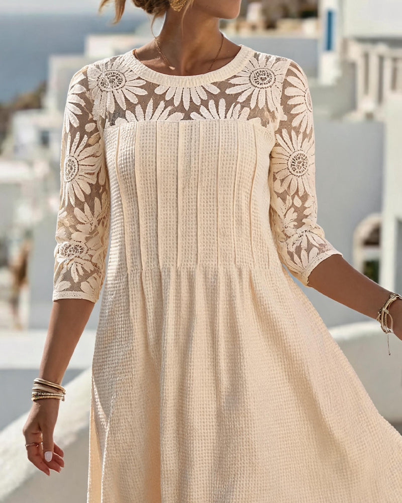 Crew Neck Lace Patchwork Waffle Dress