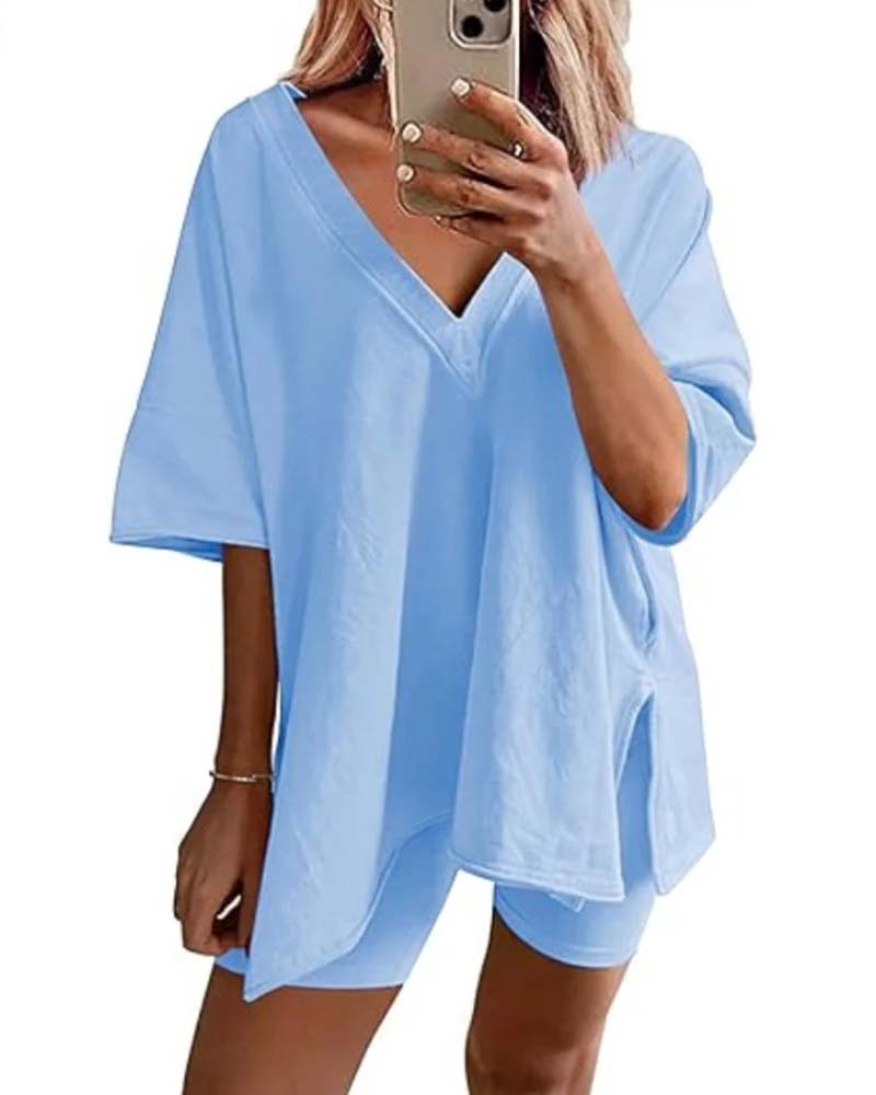 Solid Color V-Neck Sportswear Two-Piece Set