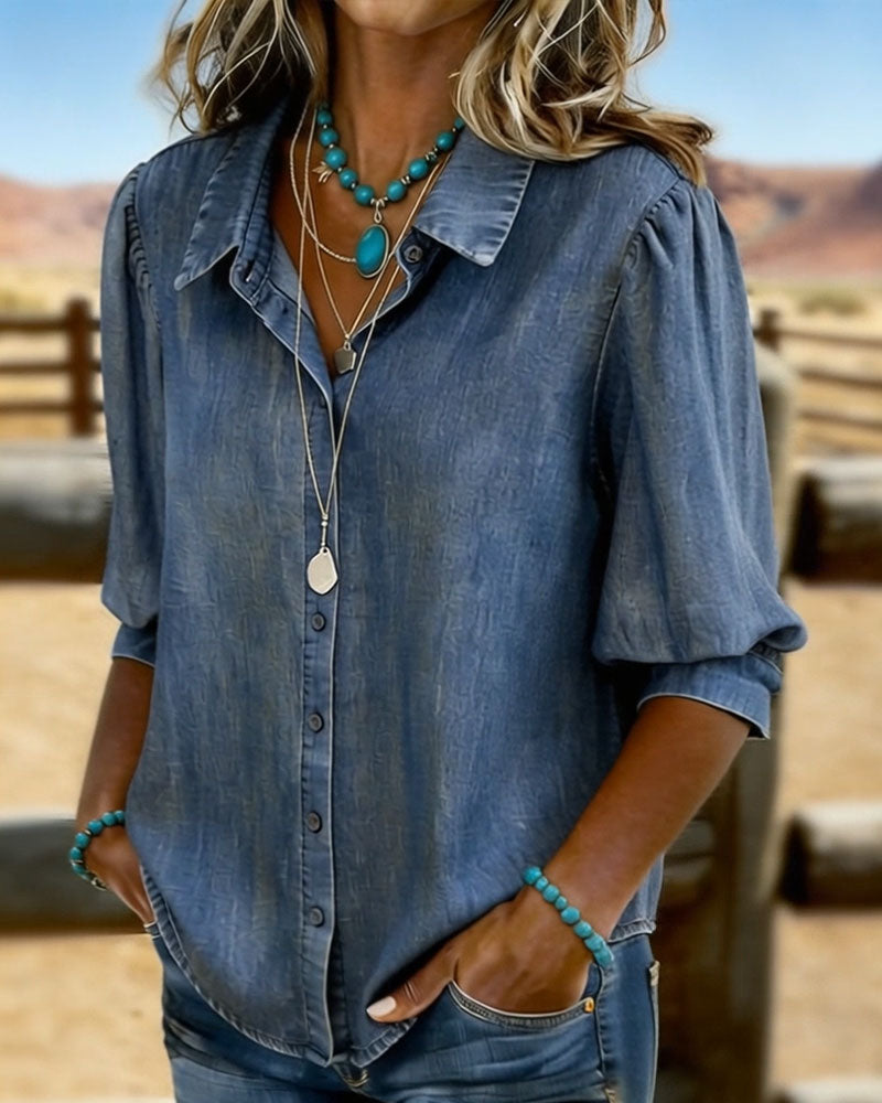 Bubble Short-Sleeved Denim Shirt