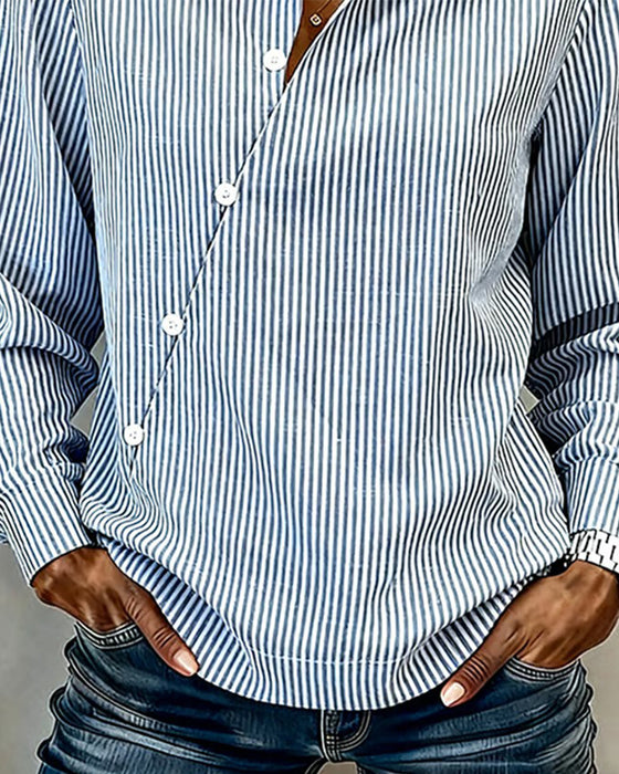 An Asymmetric Button-Down Striped Blouse