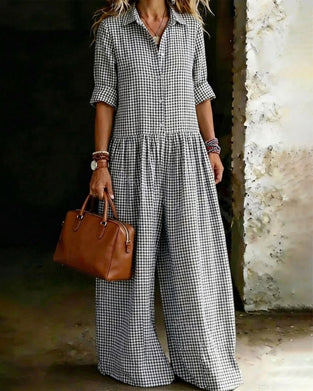Lapel Plaid Wide Leg Jumpsuit