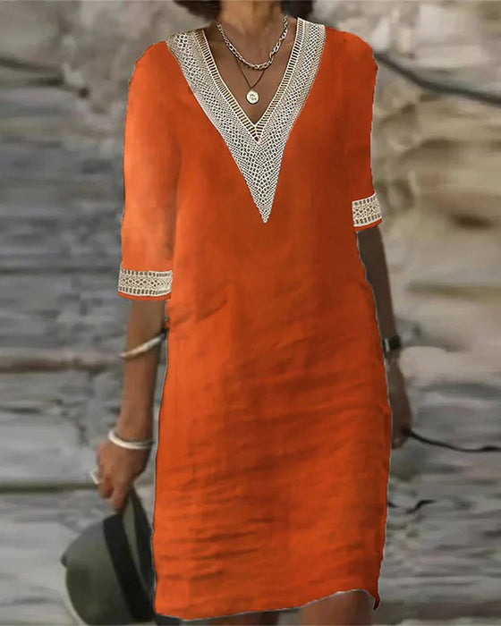 Three-Quarter Sleeve V-Neck Lace Patchwork Dress