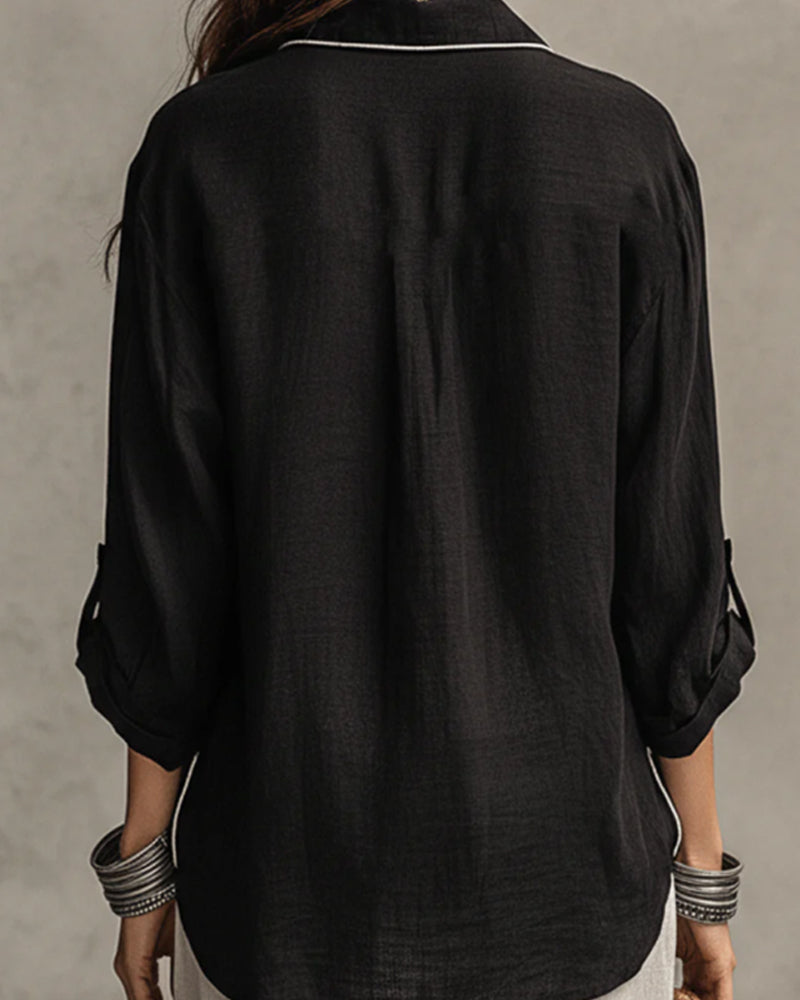 V-Neck Contrast Line Relaxed Shirt