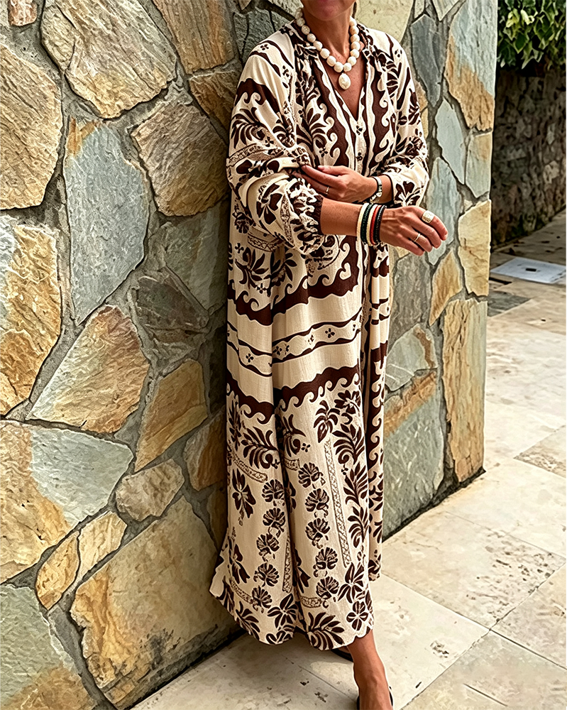V-Neck Ethnic Style Loose Big Hem Dress