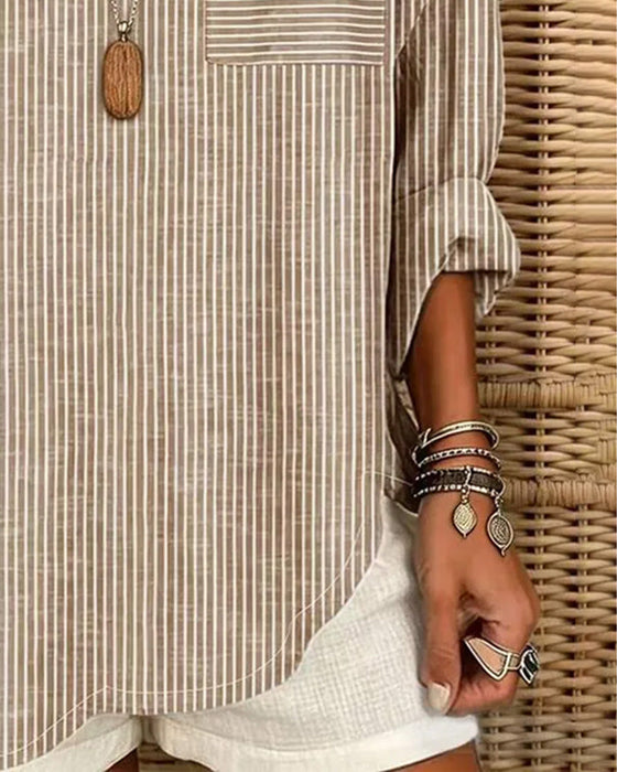 V-Neck Stripe Irregular Long Sleeve Top