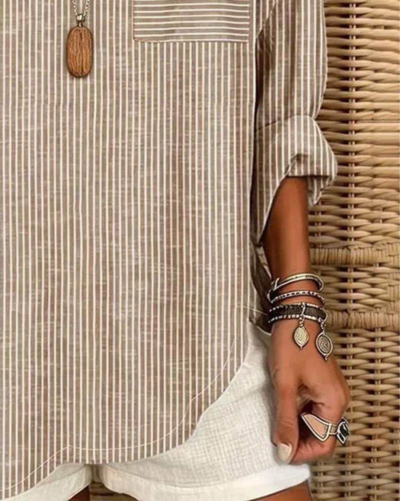 V-Neck Stripe Irregular Long Sleeve Top