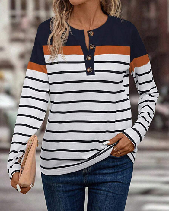 Casual Striped Print Contrast Color Half-Button Top