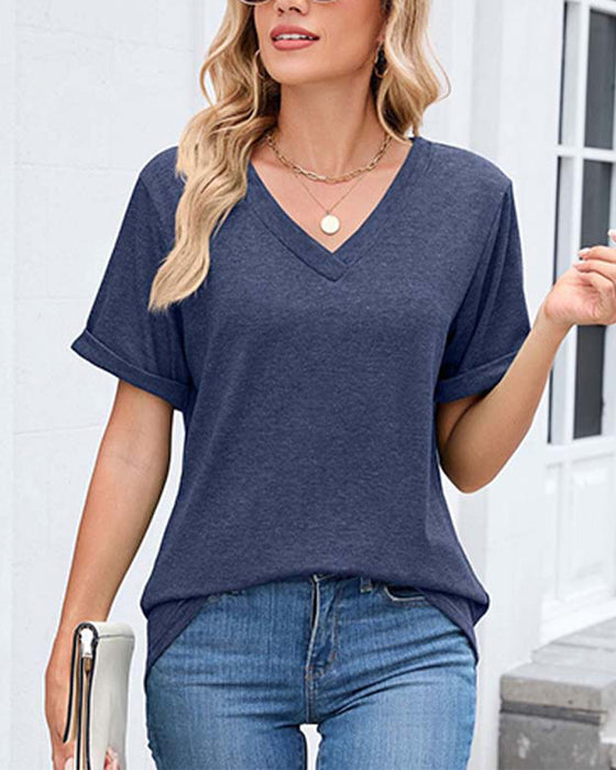 Solid V-Neck Casual Short Sleeve T-Shirt