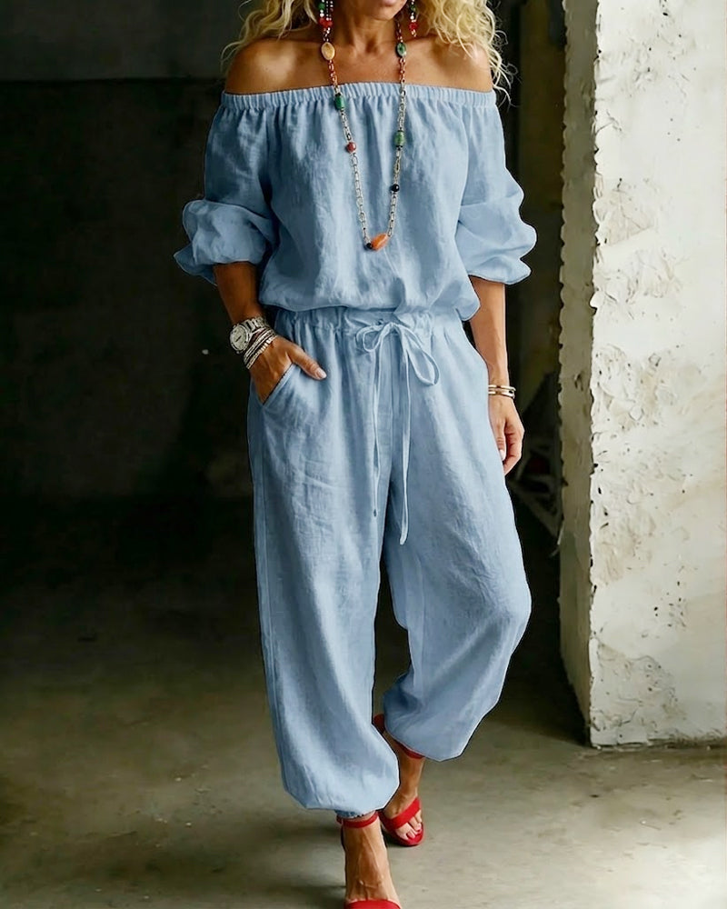 Off-Shoulder Tie Waist Cinched Waist Jumpsuit