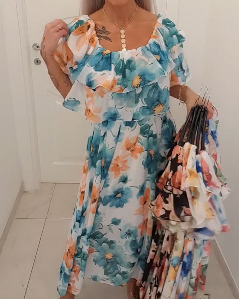 Watercolor Floral Off-Shoulder Cake Long Dress