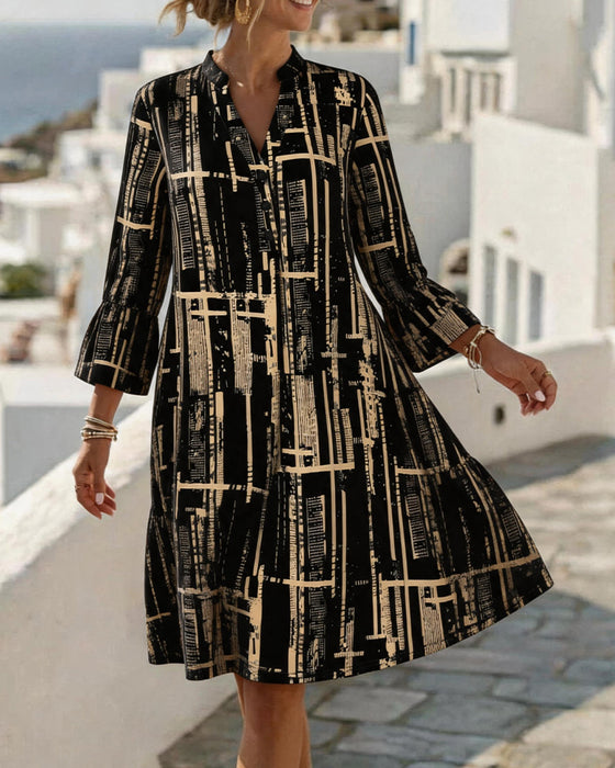 Mandarin V Neck Loose Stripe Dress