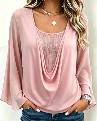 Draped Collar Fake Two-Piece Flare Sleeve Top