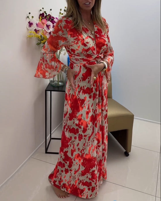 Fashionable printed deep V knitted bell sleeve dress