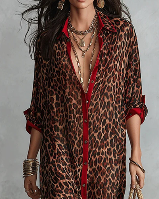 Lapel Leopard Color-Block Dress