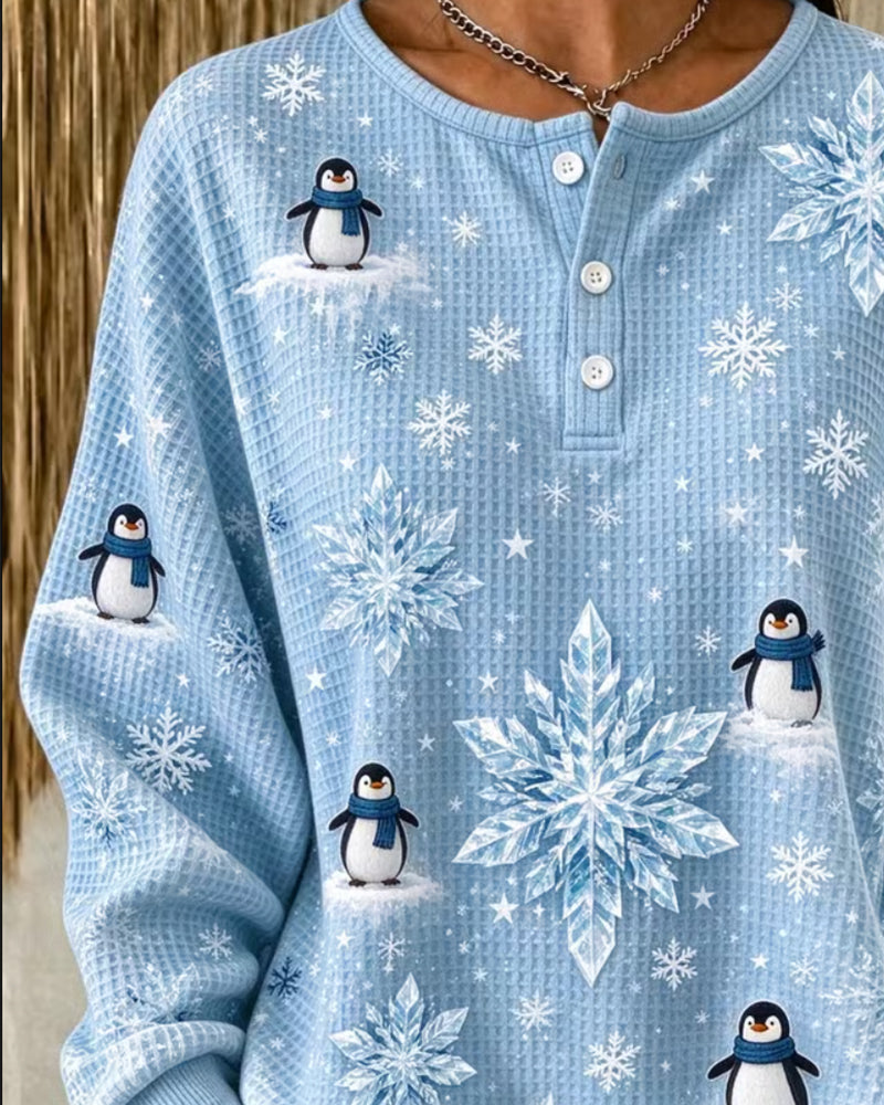 Penguin Snowflake Waffle Knit Henley Top