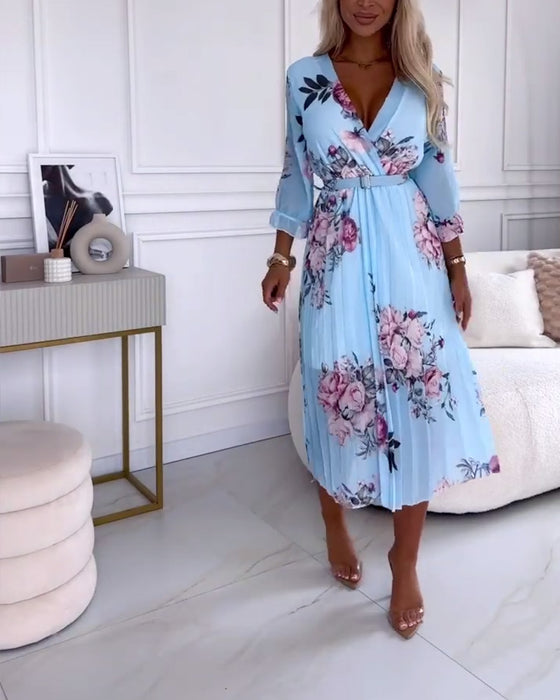 Elegant floral print pleated dress
