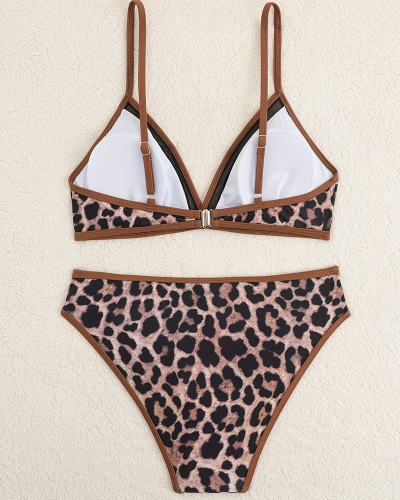 Leopard Print Color Block Triangle Bikini