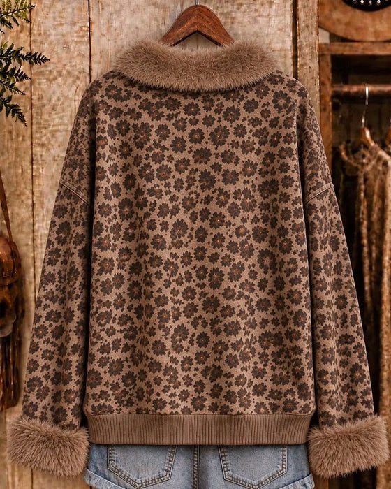 Lapel Buttoned Leopard Print Long-Sleeved Sweatshirt
