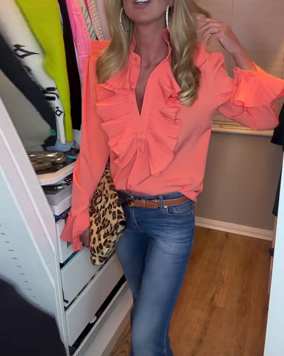 Patchwork ruffle solid color long-sleeve top