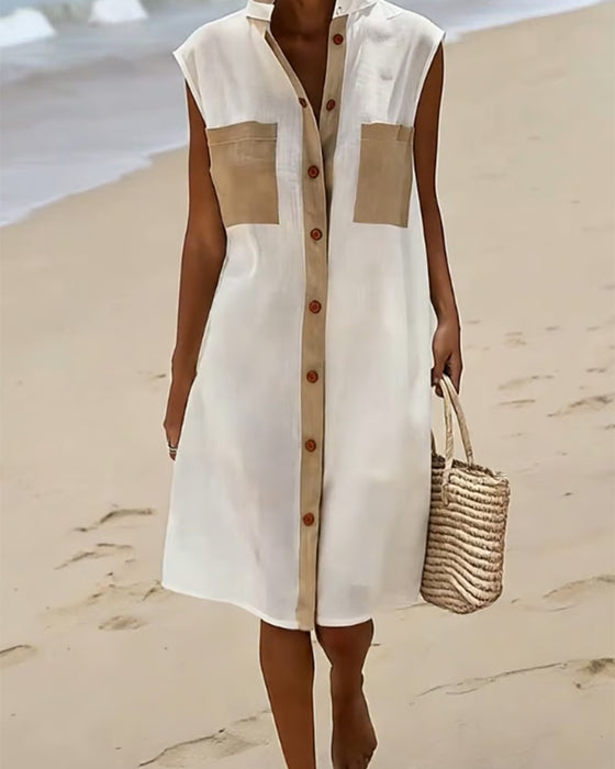 Color Block Sleeveless Shirt Midi Dress