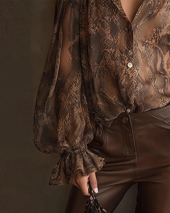 Fashionable Flounce Sleeve Printed Blouse