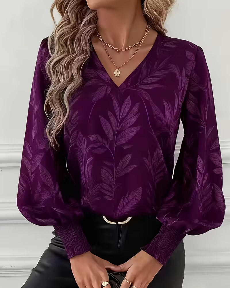 Leaf Pattern V-Neck Long-Sleeved Blouse