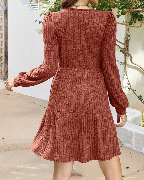 🍂2025 Autumn New Style⏰Women's Square Neck Lantern Sleeve Ribbed Dress