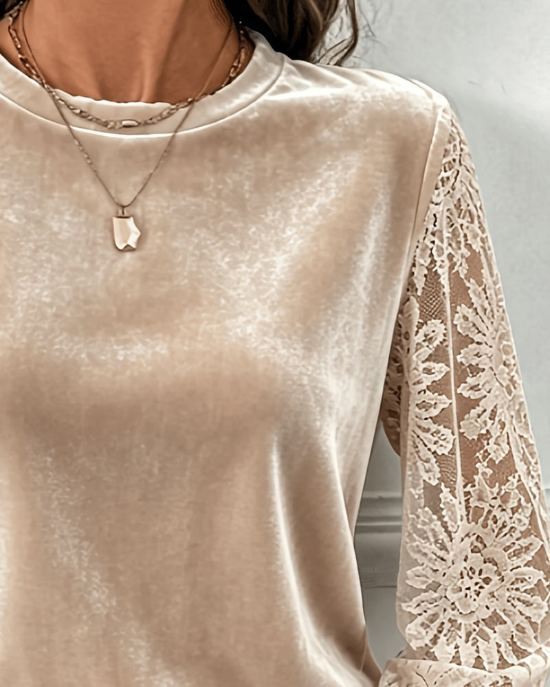 Crew Neck Lace Button Solid Blouse