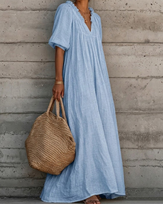 Pure White Bubble Sleeve Full Skirt Maxi Dress