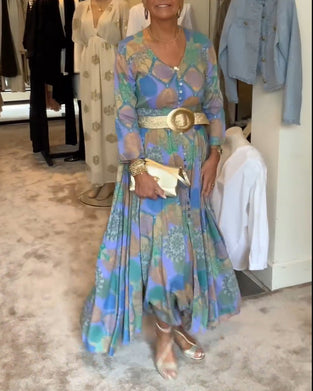 Vintage printed button slit long sleeve dress