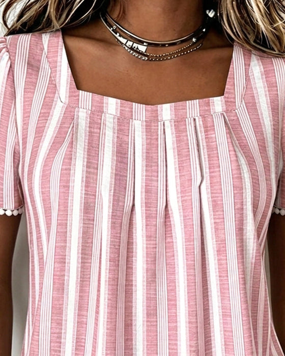 Striped Square-Neck Short-Sleeve Blouse