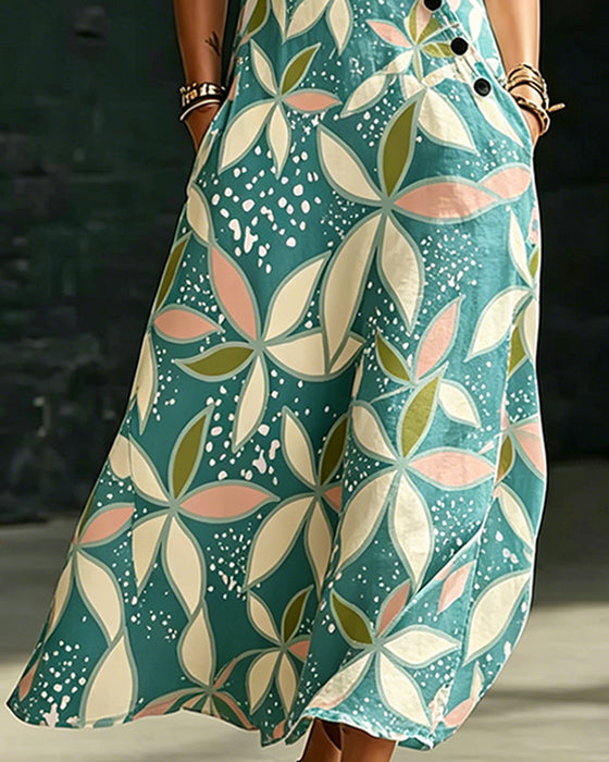 Asymmetric Button V-Neck Sleeveless Dress