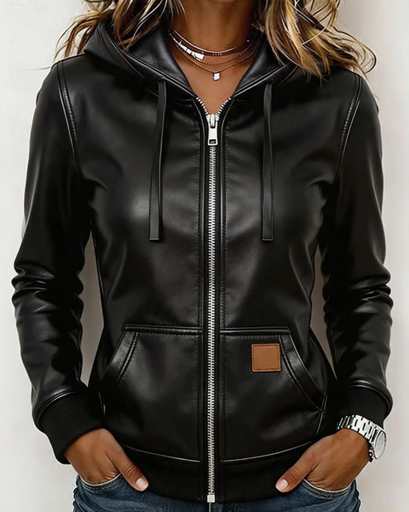 Hooded Faux Leather Zipper Coat