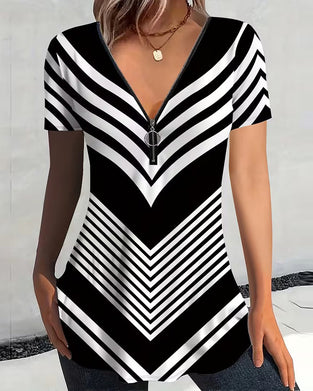 Zipper V-Neck Striped T-Shirt