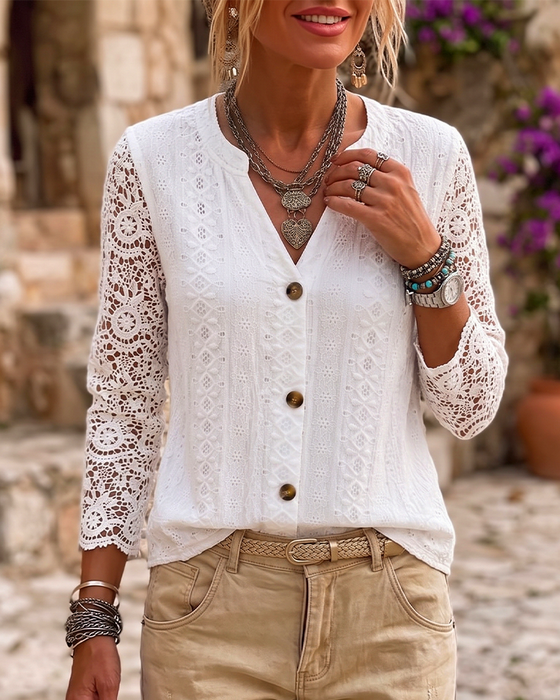 V-Neck Lace Button Solid Blouse
