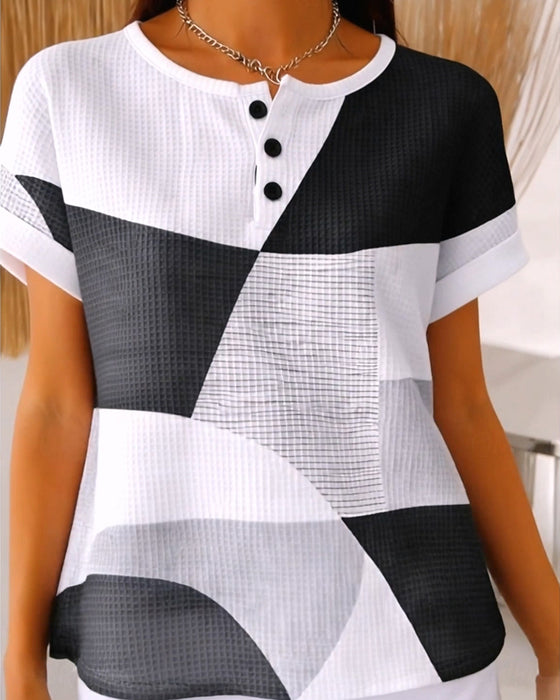 Crew Neck Button Color-Block Waffle Blouse