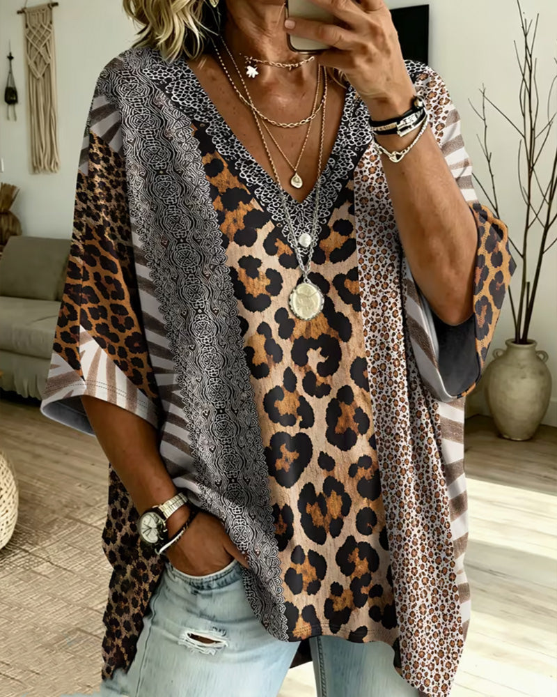 Leopard Print Patchwork V-Neck Casual Top