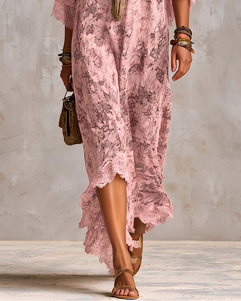 V-Neck Lace Patchwork Asymmetric Dress