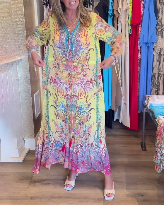 Long sleeve printed resort dress