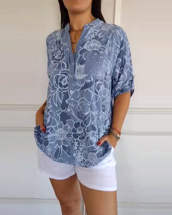 V-Neck Button-Down Printed Blouse