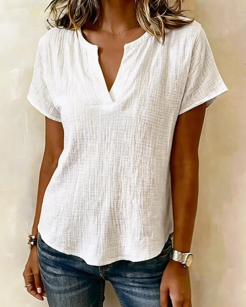 V-Neck Solid Color Short-Sleeved Blouse