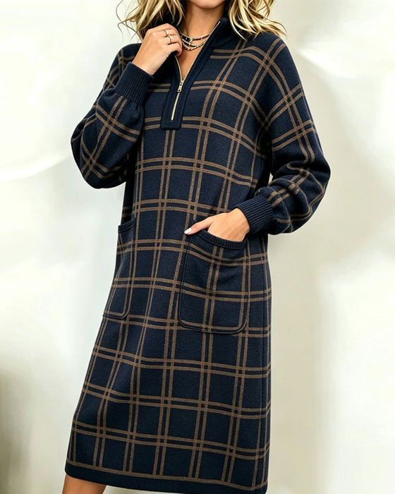 Zipped Plaid Pocket Dress