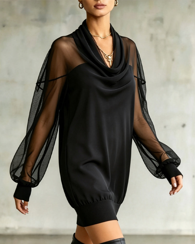 Cowl Neck Long Sleeve Mesh Dress