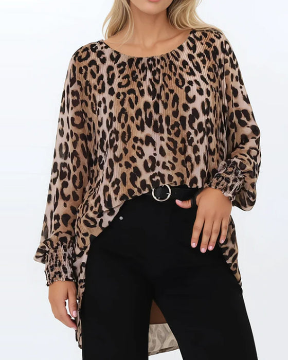 Round Neck Leopard Irregular Lantern Sleeve Blouse