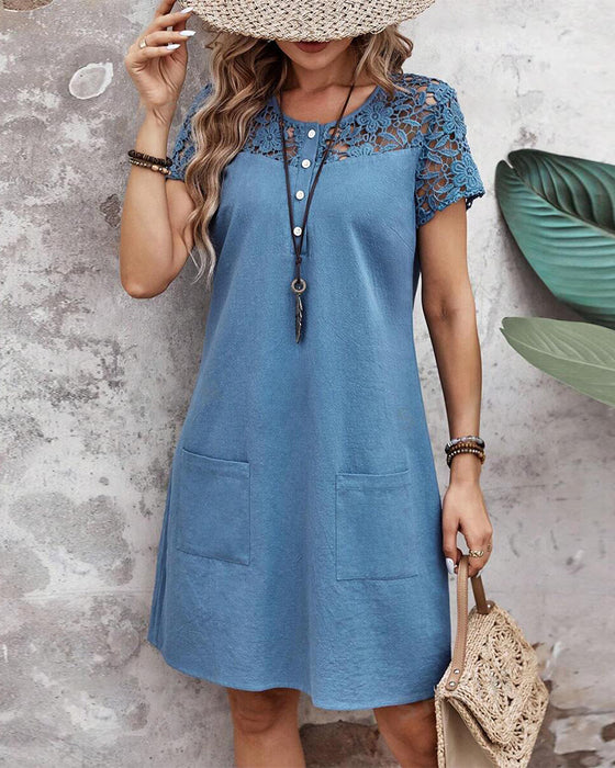 Solid color hollow lace short sleeve pocket dress