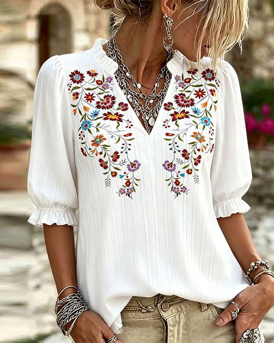 Ruffle Trim Print Casual Blouse
