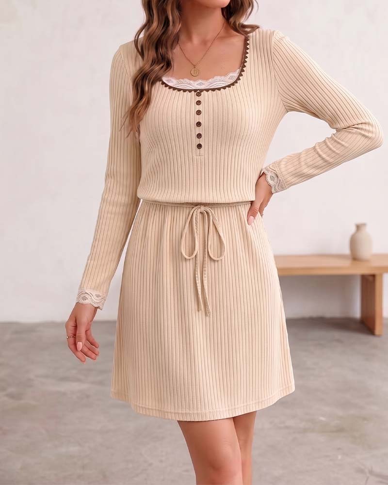 U-Neck Lace Button Drawstring Ribbed Dress